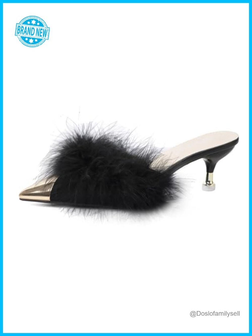 Feather Pointed Toe Slingback Kitten Heel Mule Sandals Faux Leather